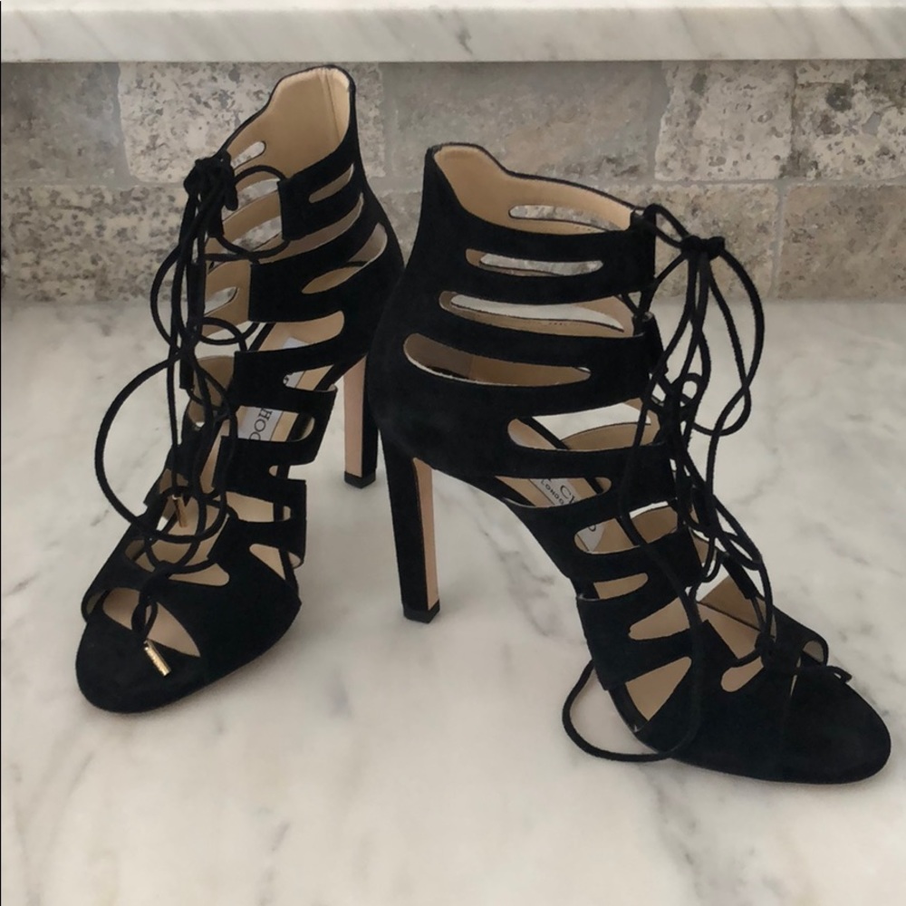 Jimmy Choo black suede peep toe lace up booties